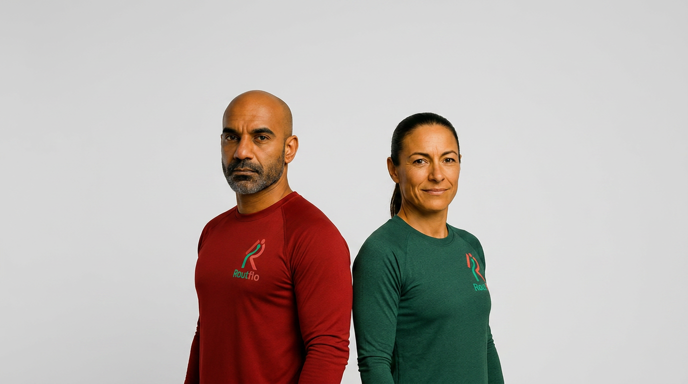 Rout and Flo, the two AI coaches, standing back to back